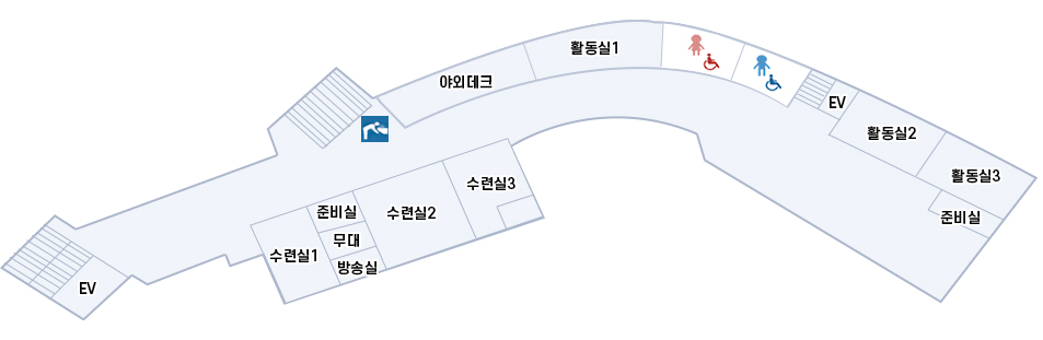 2층 배치도 이미지 : 수련실1(준비실,무대,방송실),2,3 / 야외테크1 / 활동실1,2,3(준비실) / 남,여화장실