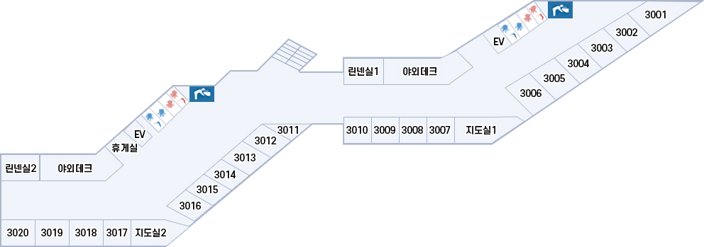 3층 배치도 이미지 : 린넨실1,2 / 야외테크1,2 / 휴게실1,2 / 남,여화장실 / 지도실 / 3001호 ~ 3020호