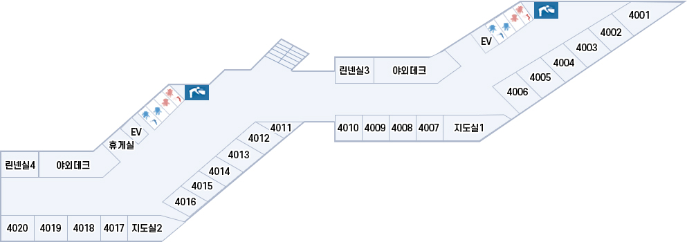 4층 배치도 이미지 : 린넨실3,4 / 야외테크1,2 / 휴게실1,2 / 남,여화장실 / 지도실 / 4001호 ~ 4020호